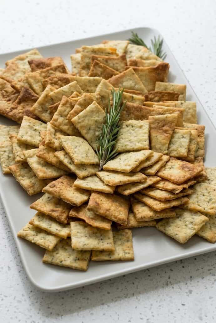 Homemade rosemary sea salt crackers stacked on a plate with fresh rosemary, perfect for cheese boards.