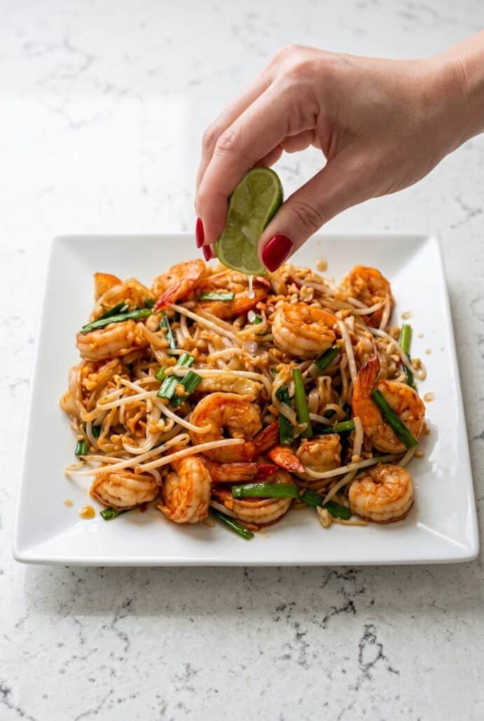Hand sprinkling crushed peanuts over Shrimp Pad Thai with rice noodles, shrimp, bean sprouts, and lime.