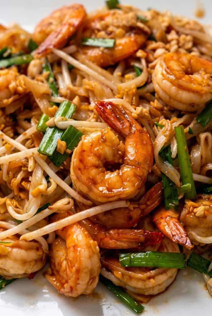 Shrimp Pad Thai with rice noodles, shrimp, bean sprouts, garlic chives, and tamarind sauce.