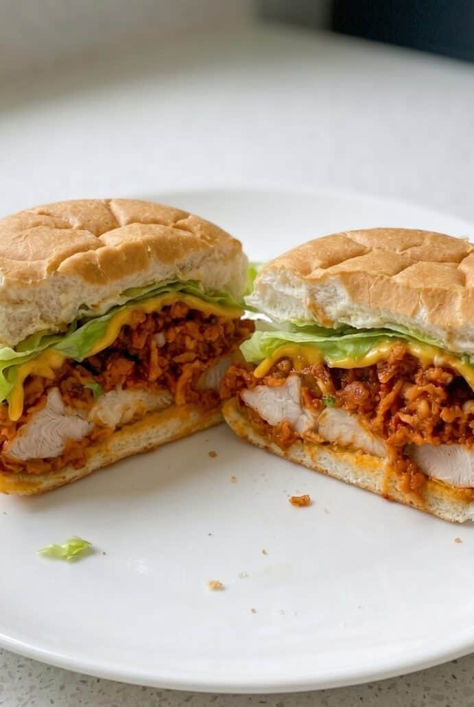 Spicy fried chicken burger cut in half showing crispy chicken, cheese, lettuce, and spicy sauce inside.