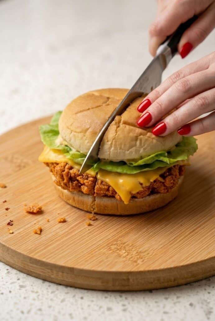 Hand slicing a spicy fried chicken burger with cheese, lettuce, and spicy sauce on a toasted bun.