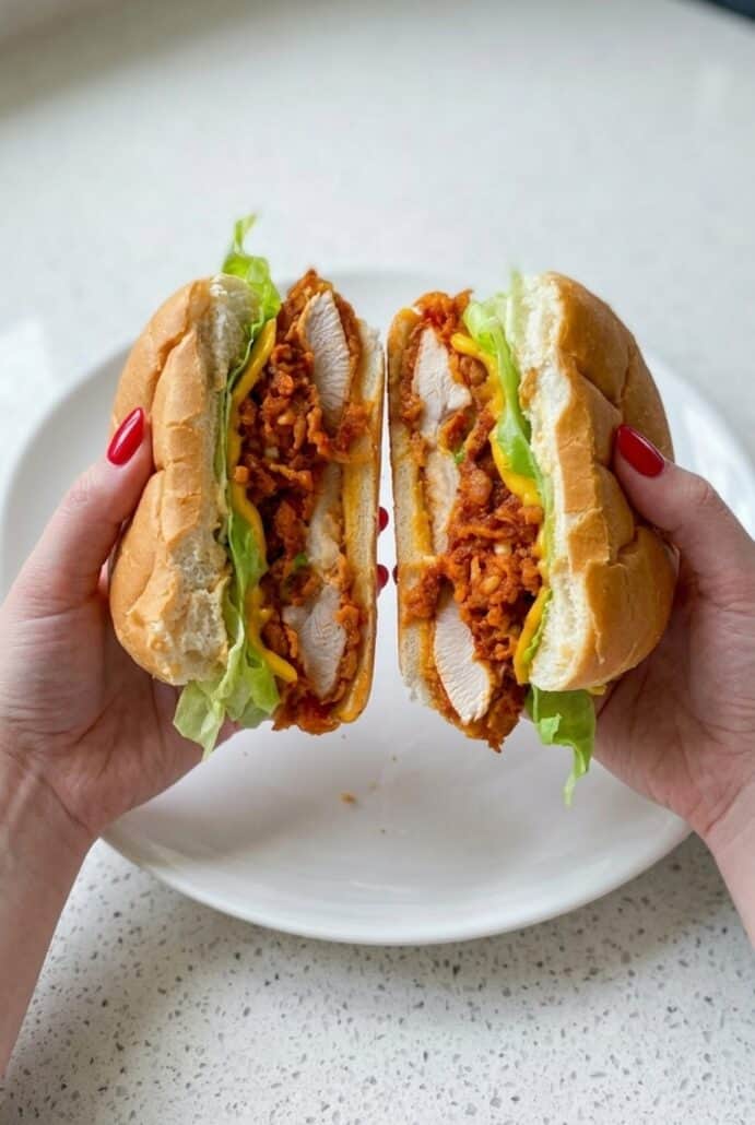 Hands holding a spicy fried chicken burger cut in half with crispy chicken, lettuce, cheese, and spicy sauce.