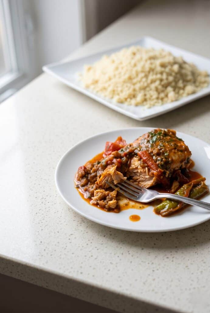 Spicy Moroccan fish served with rice for a flavorful salmon dinner in rich paprika sauce.
