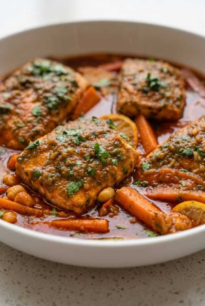 Spicy Moroccan fish with salmon, carrots, peppers, and rich paprika sauce.