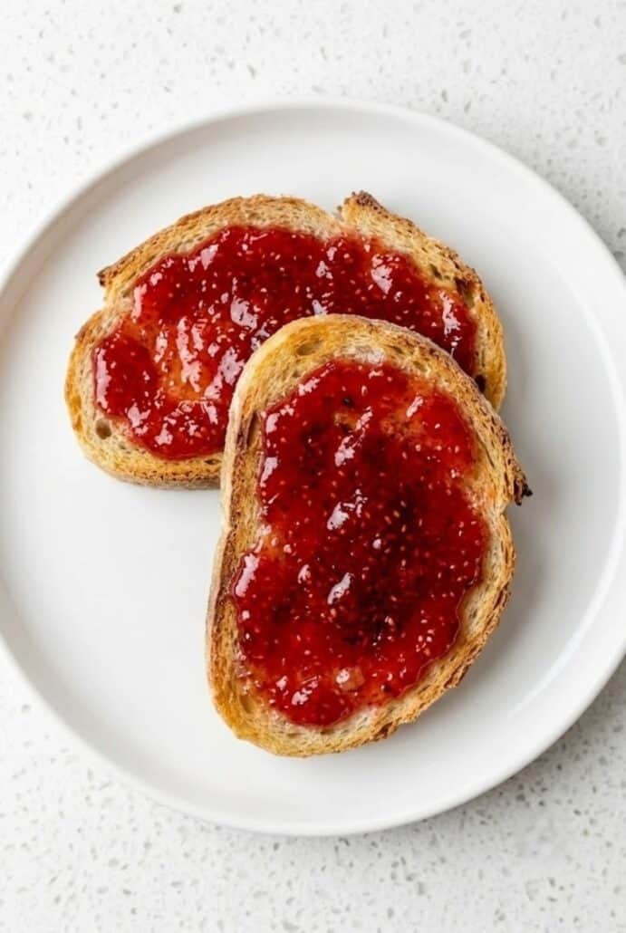 Toast slices topped with homemade strawberry jam for an easy strawberry jam breakfast recipe.