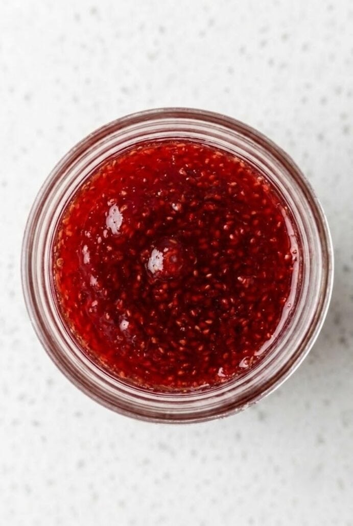 Top view of homemade strawberry jam in a jar.