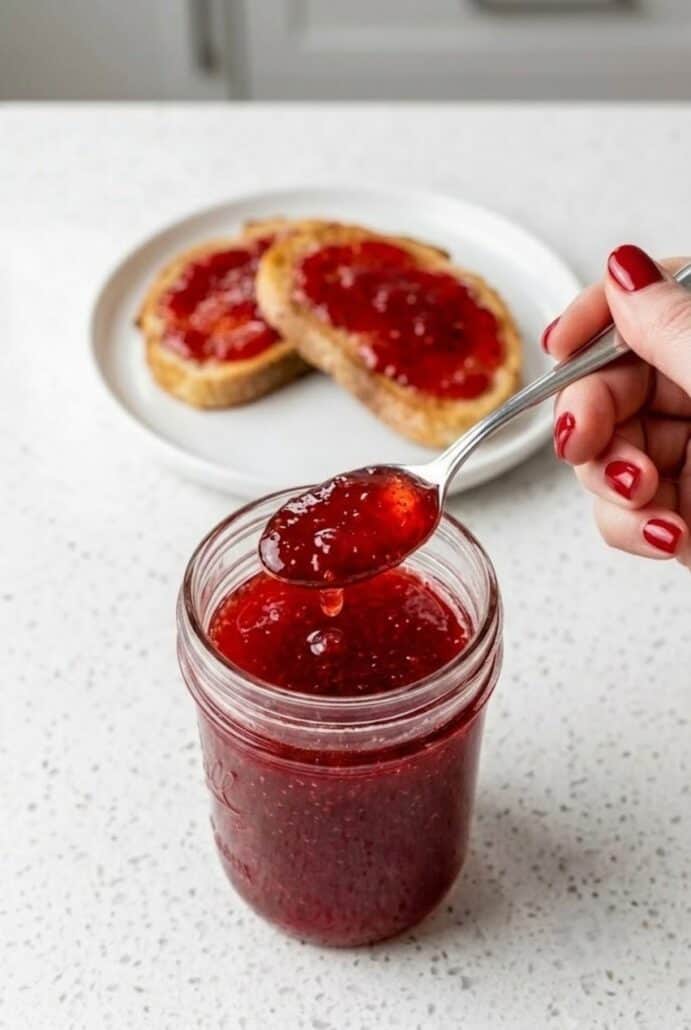 Homemade strawberry jam in a jar with spoon and jam spread on toast.