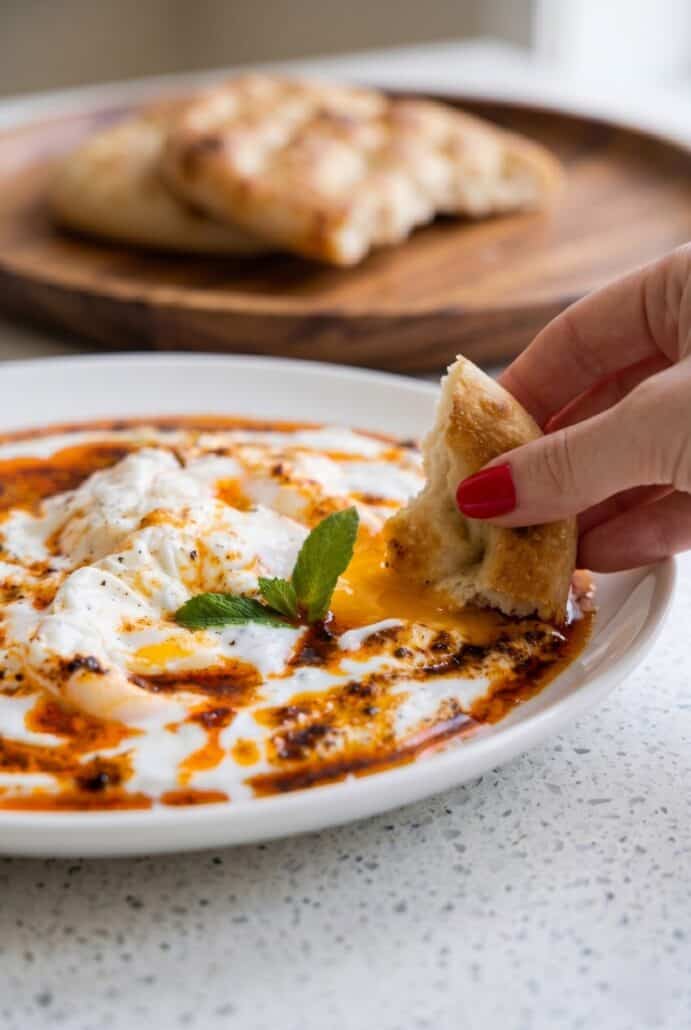 Pita bread dipped into Turkish eggs with garlic yogurt, poached eggs, and spiced butter.