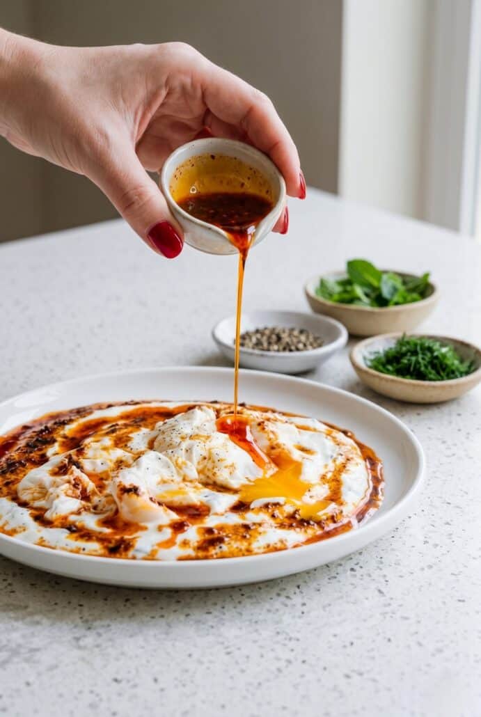 Spiced butter being poured over Turkish eggs with garlic yogurt and fresh herbs.