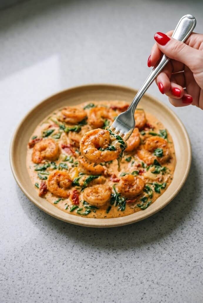 Serving creamy Tuscan shrimp with spinach, artichokes, and sun-dried tomatoes.