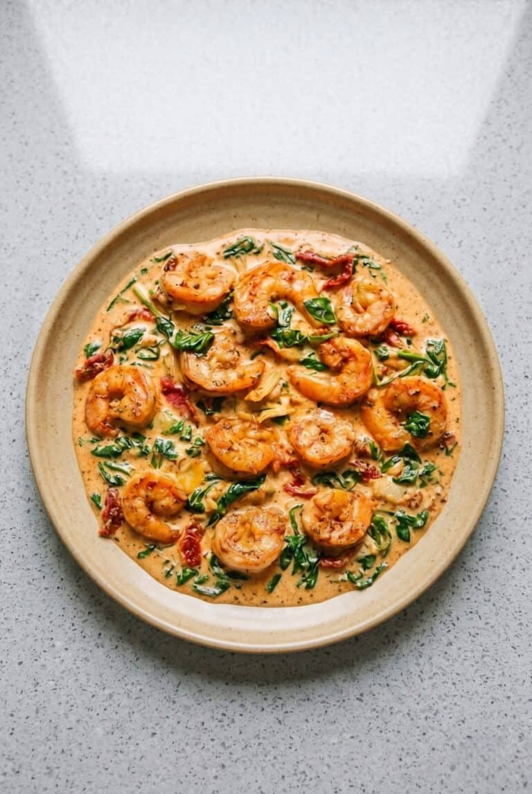 Creamy Tuscan shrimp with spinach, sun-dried tomatoes, and artichokes in a skillet sauce.