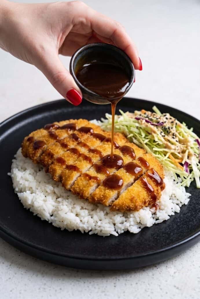 Pouring tonkatsu sauce over crispy Chicken Katsu served with rice and cabbage slaw.