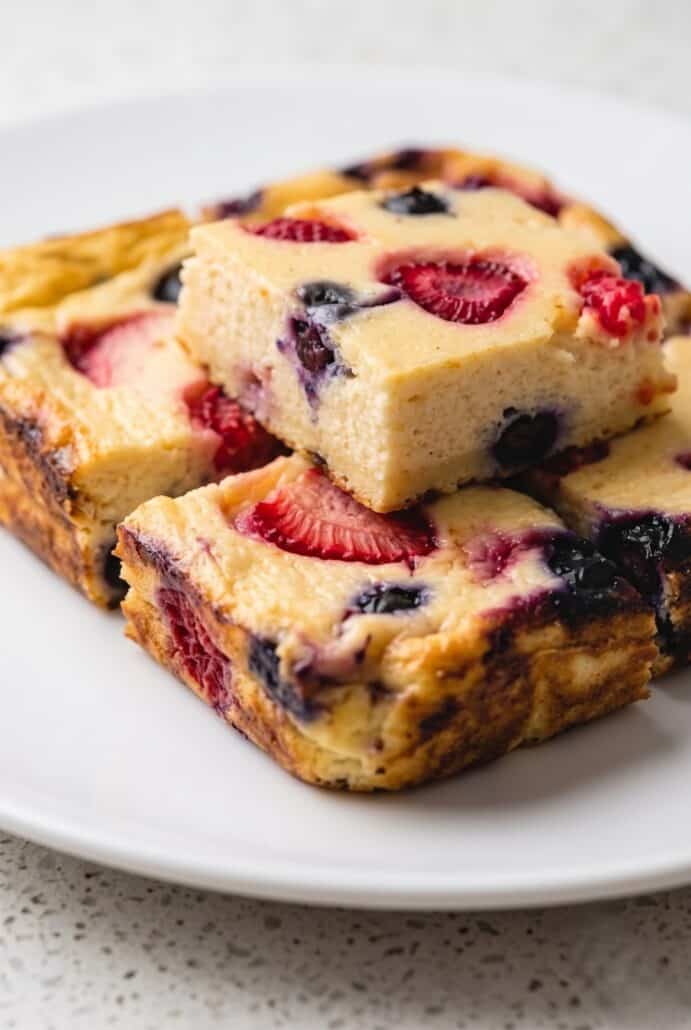 Close-up of creamy baked yogurt squares filled with strawberries, blueberries, and raspberries.