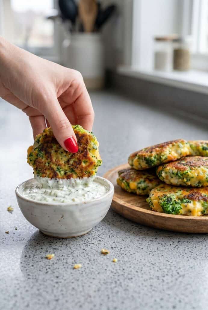 Hand dipping a crispy broccoli cheese patty into creamy sauce, served with more patties on the side.