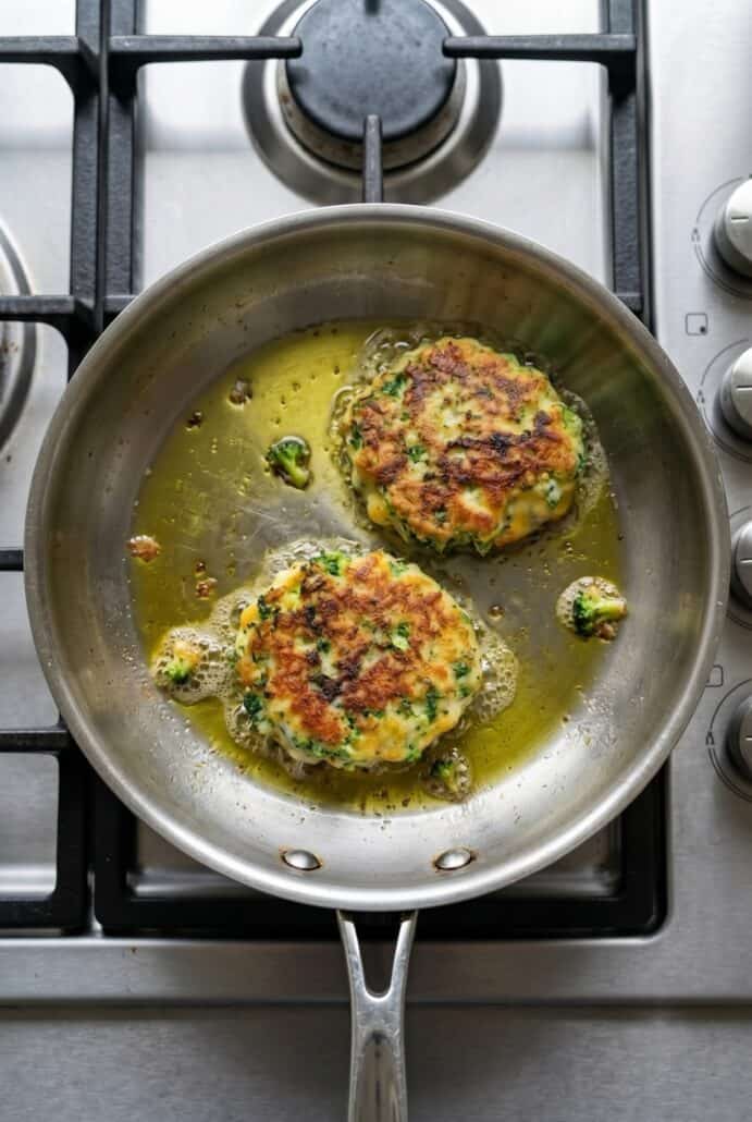 Broccoli cheese patties frying in a skillet until golden brown and crispy on both sides.