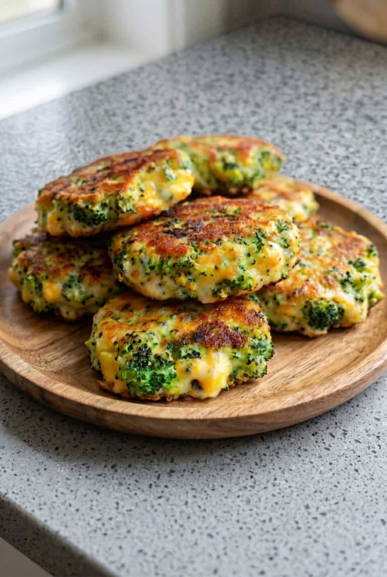 Broccoli cheese patties stacked on a wooden board, showing the crispy stovetop recipe ready to serve.