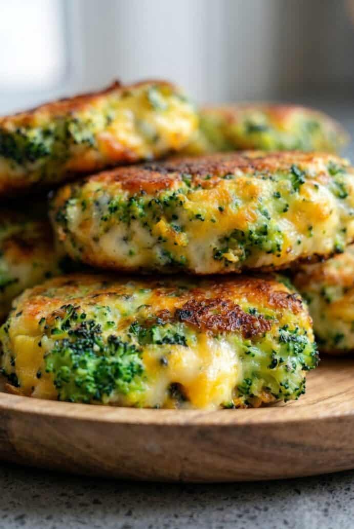 Close-up of crispy broccoli cheese patties with melted cheese and chopped broccoli.