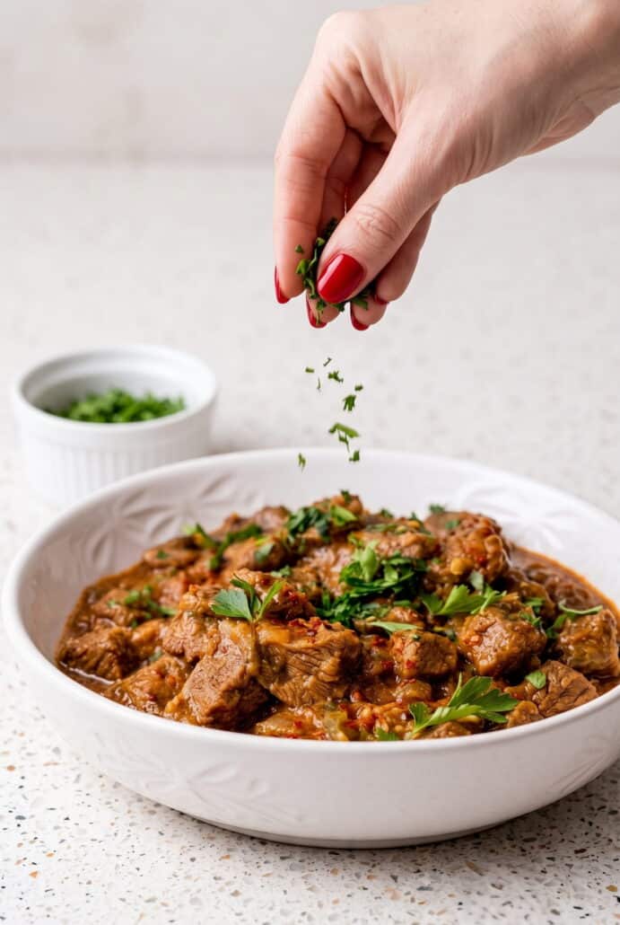 Fresh cilantro being sprinkled over a bowl of carne guisada before serving.