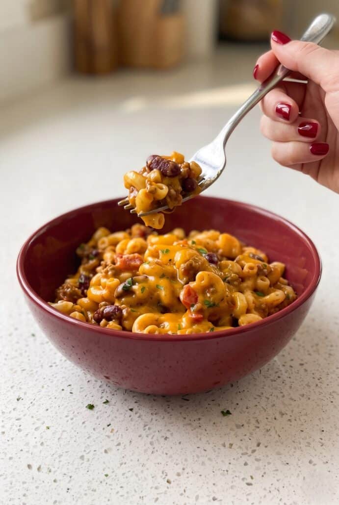 Spoonful of cheesy chili mac lifted above a red bowl, ready to serve.