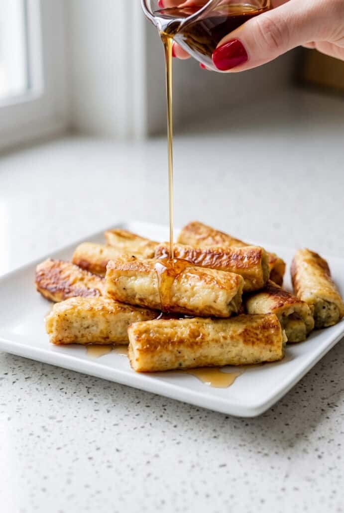 Syrup drizzled over golden French toast roll-ups for a sweet and savory breakfast.