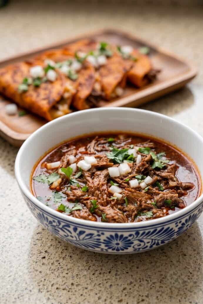 Mexican birria crockpot stew with tender beef, rich consommé, cilantro, and crispy birria tacos.