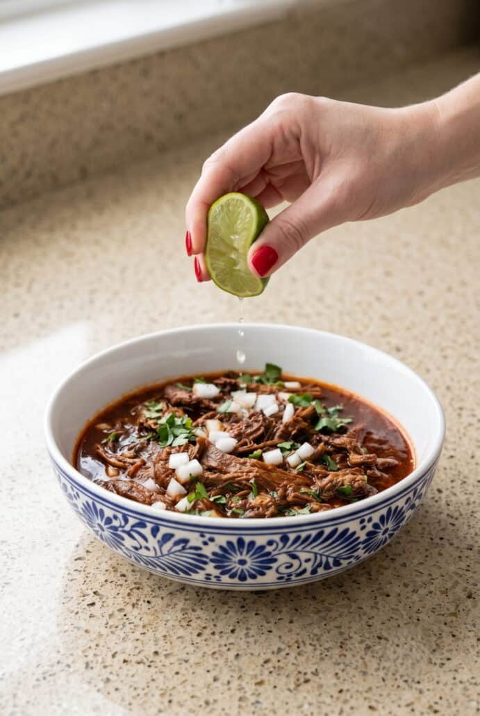Fresh lime juice being squeezed over Mexican birria crockpot stew topped with onion and cilantro. Select 85 more words to run Humanizer.