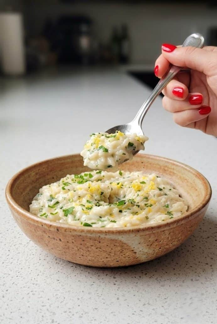 Spoonful of creamy Parmesan rice lifted from a serving bowl.