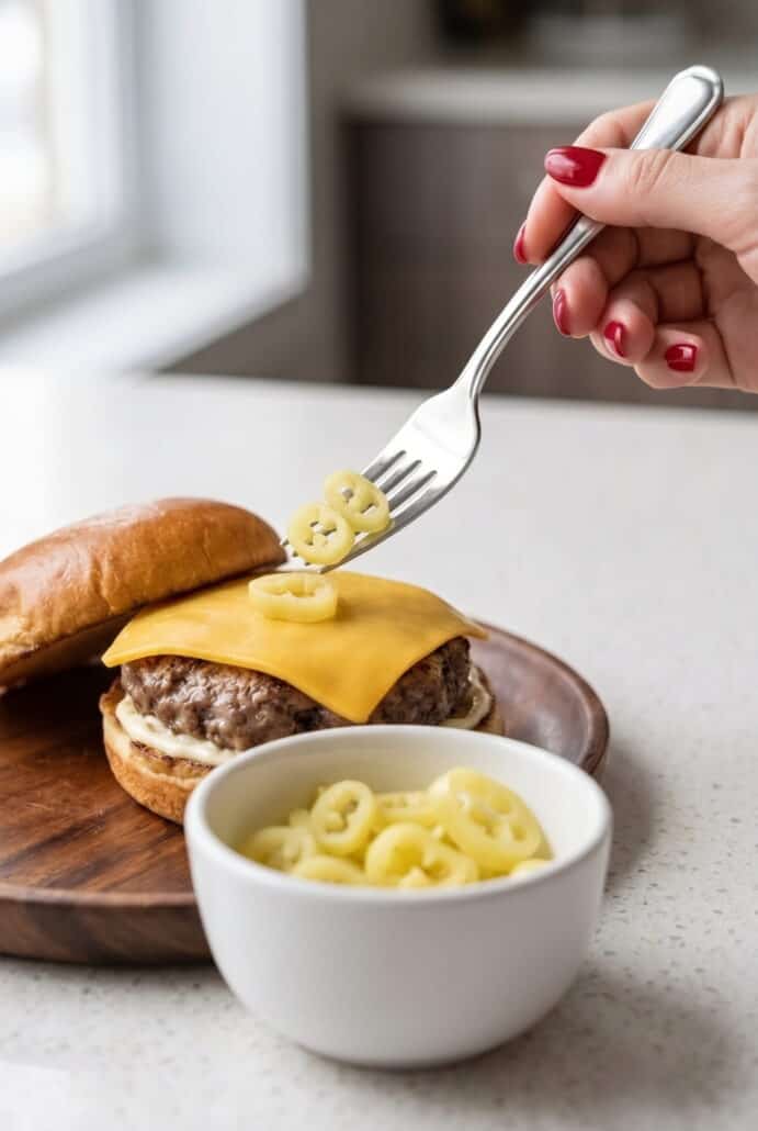 Adding a homemade pickled banana pepper ring to a sandwich with a fork.
