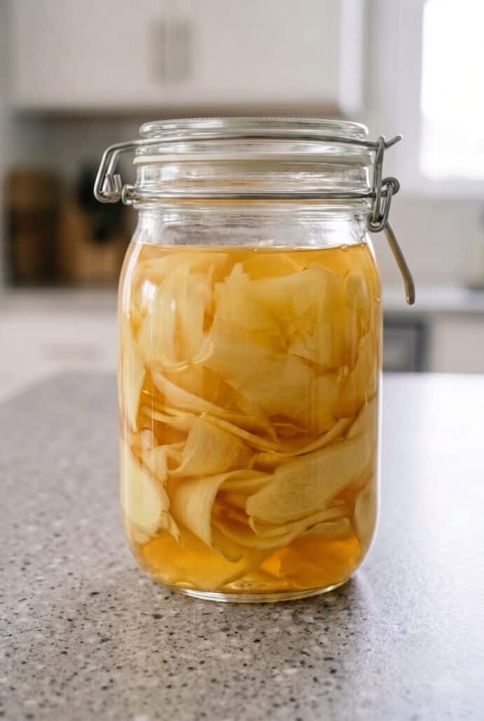 Jar of homemade pickled ginger slices in brine, ready to serve.