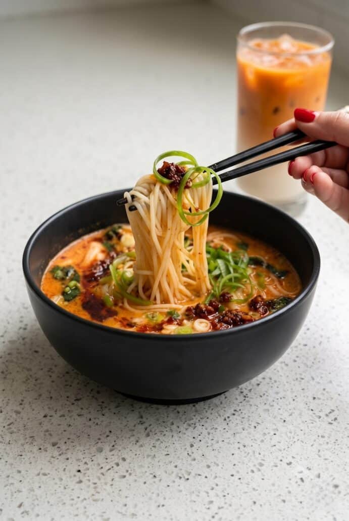 Chopsticks lifting spicy coconut noodles from a creamy coconut broth with chili oil, pak choi, and fresh herbs.
