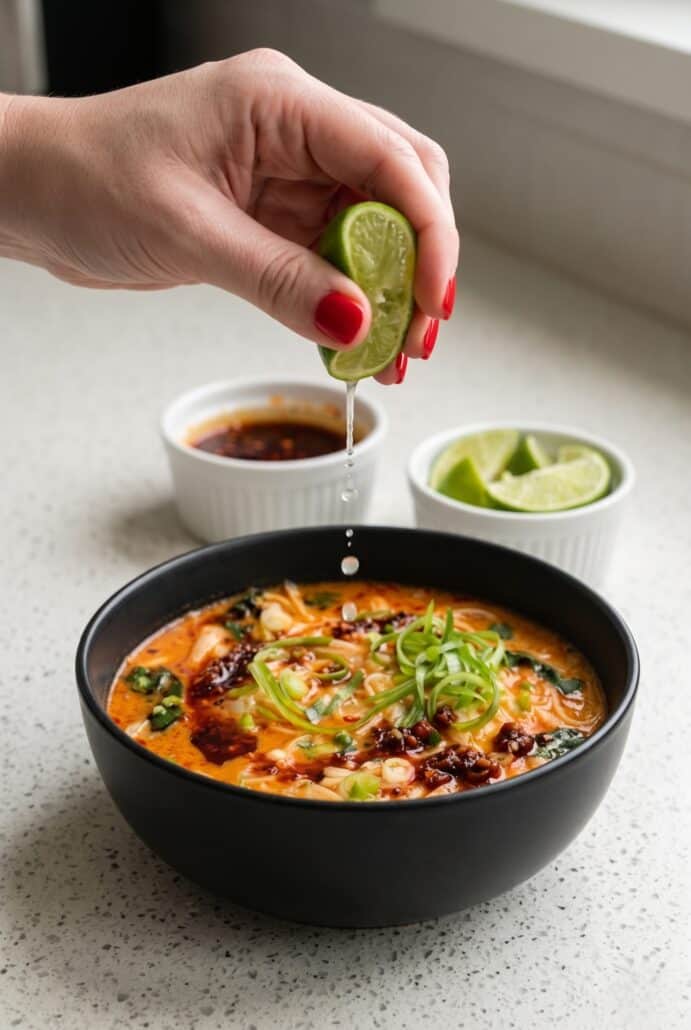 Fresh lime being squeezed over a bowl of spicy coconut noodles with creamy broth, chili oil, and herbs.