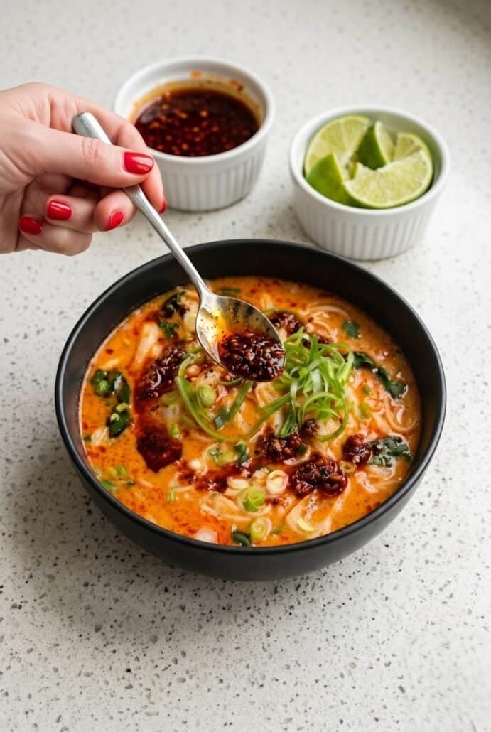 Spoon adding chili crisp to spicy coconut noodles with creamy broth, pak choi and scallions.