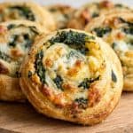Spinach feta puff pastry pinwheels baked until golden and flaky.