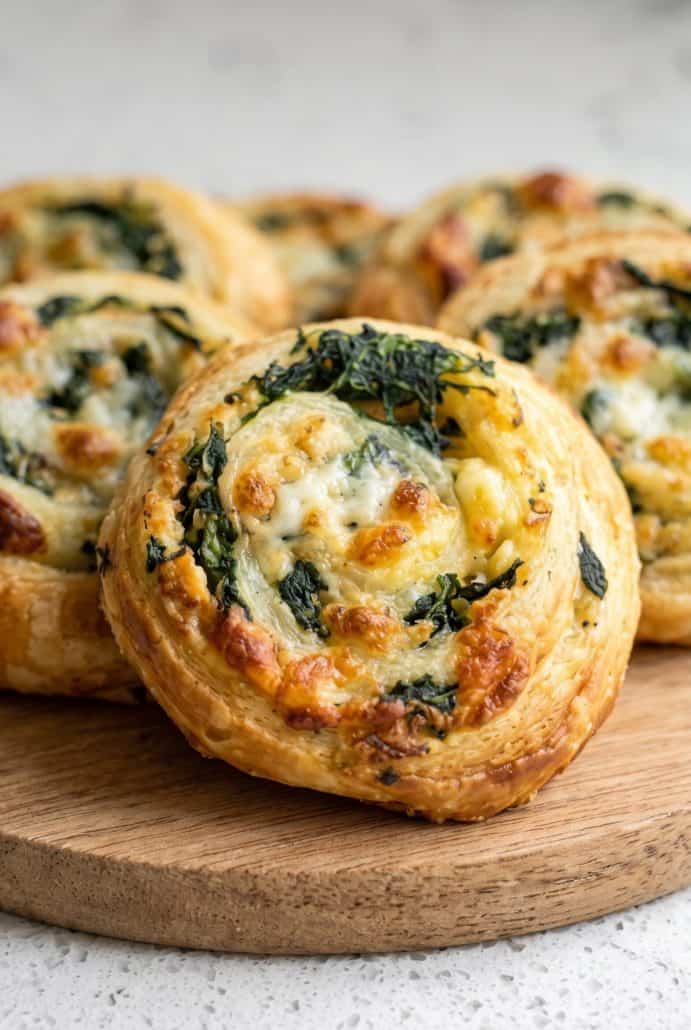 Spinach feta puff pastry pinwheels baked until golden and flaky.