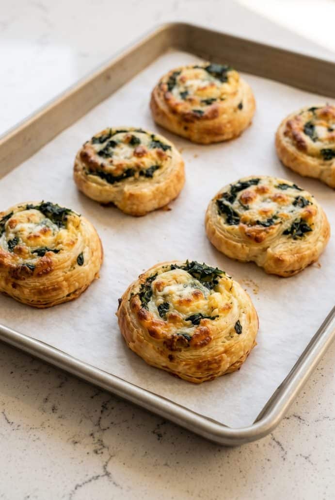 Baked spinach feta puff pastry pinwheels with golden, flaky edges, ready to serve as an easy appetizer.