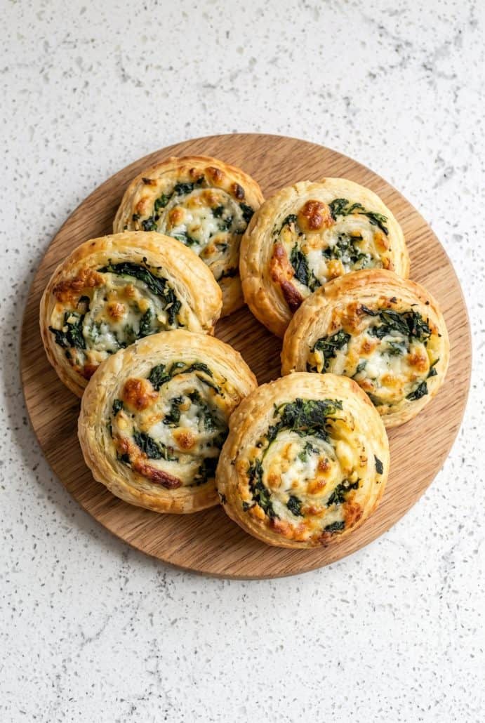Spinach feta puff pastry pinwheels arranged on a plate for serving as a flaky Mediterranean appetizer.