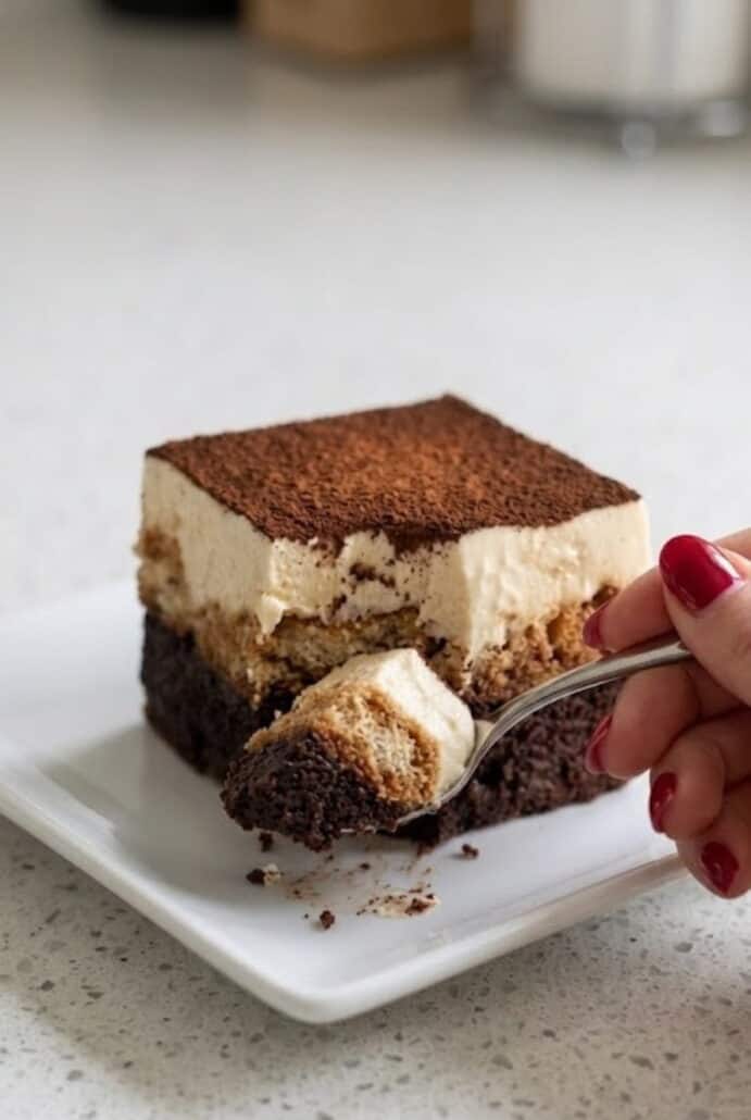 Hand taking a bite from a layered tiramisu brownie with mascarpone cream and cocoa topping.