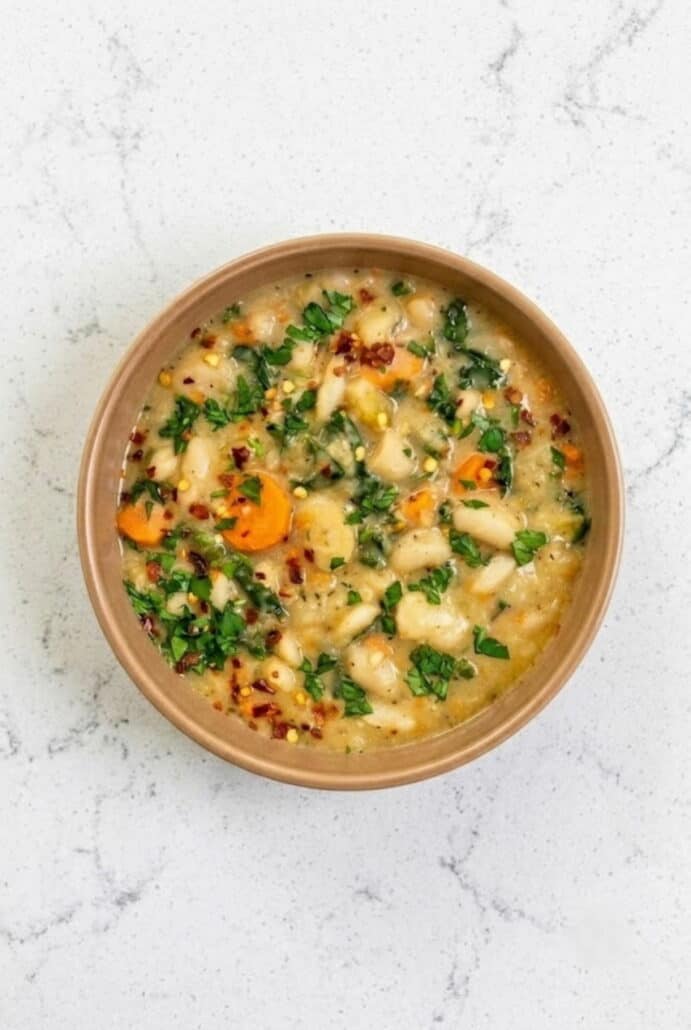 Bowl of creamy Tuscan white bean soup with carrots, kale, and herbs, showcasing this hearty one-pot vegetarian soup recipe perfect for a cozy meal.
