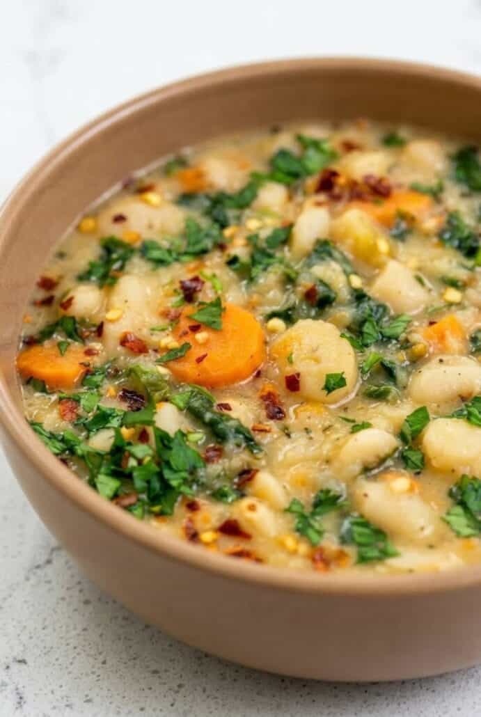 Close-up of hearty Tuscan white bean soup with cannellini beans, carrots, kale, and Italian herbs in a creamy broth.