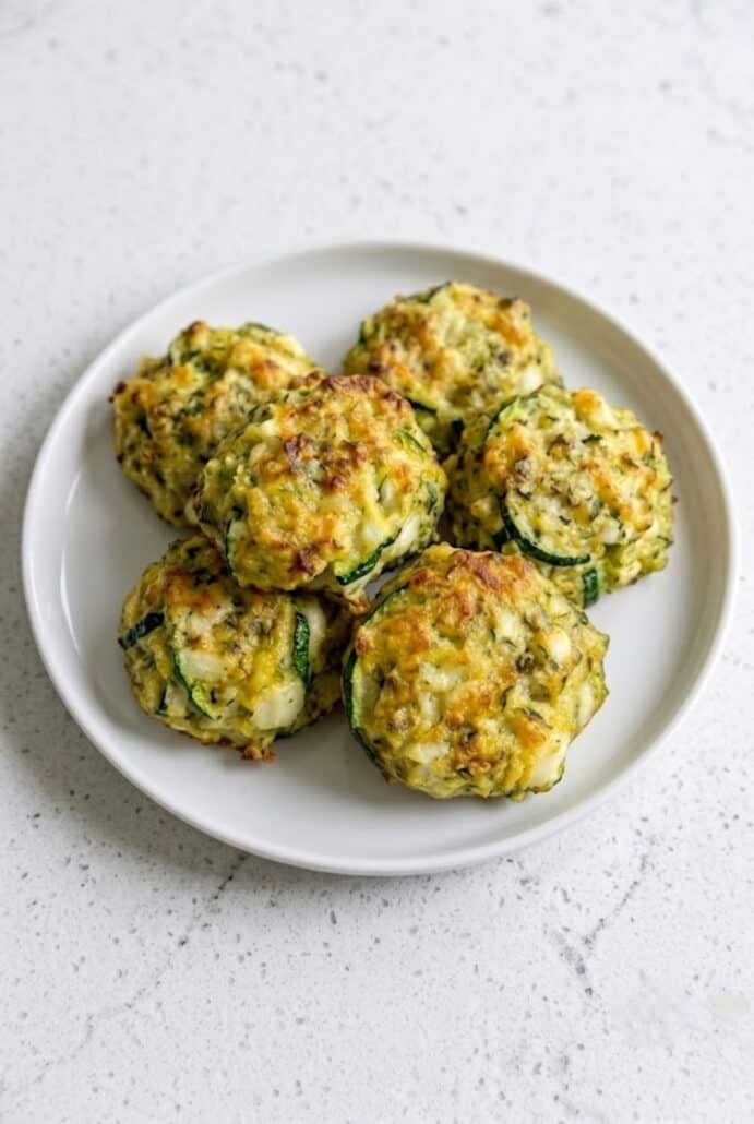 Baked zucchini garlic bites arranged on a white plate, ready to serve as an easy appetizer or side dish.