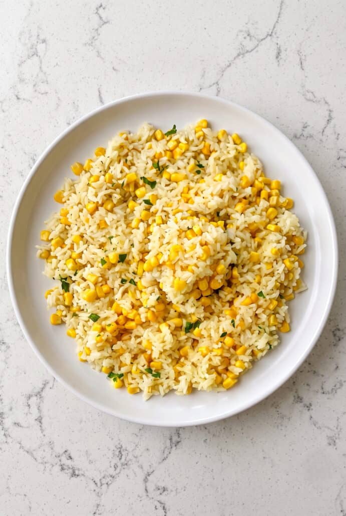 Finished buttered corn rice served on a white plate with parsley garnish.