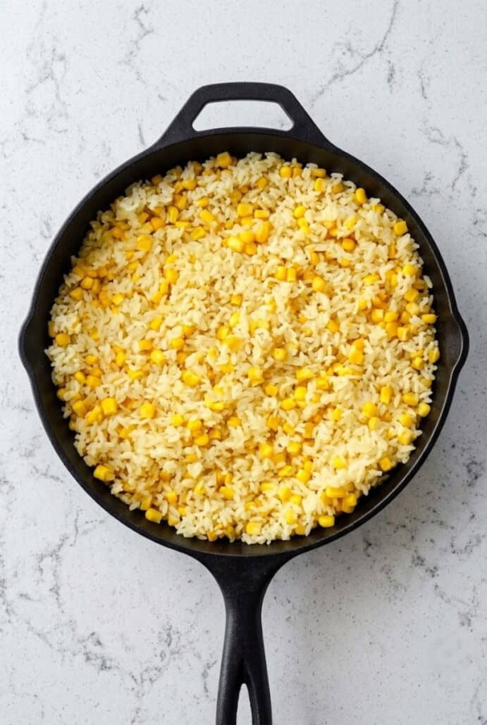 Finished buttered corn rice with fluffy grains and golden corn.