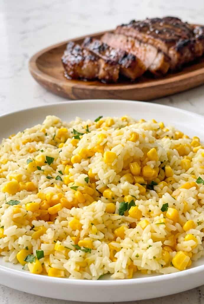 Buttered corn rice served with grilled chicken for an easy, flavorful dinner.