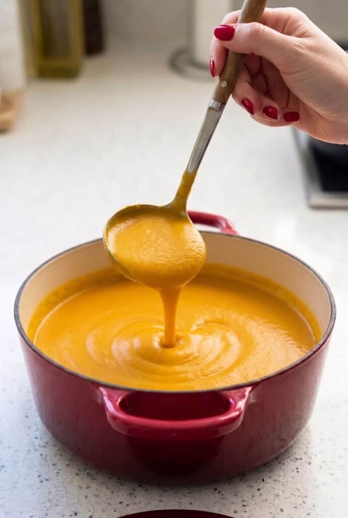 Creamy butternut squash soup being spooned from the pot to show its smooth texture.