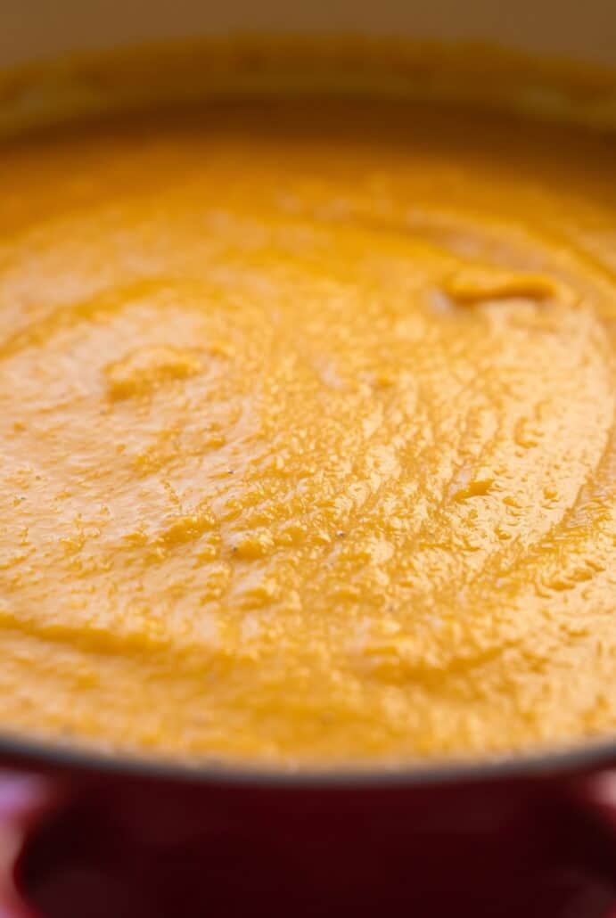 Close-up of smooth, creamy butternut squash soup showing its rich blended texture.