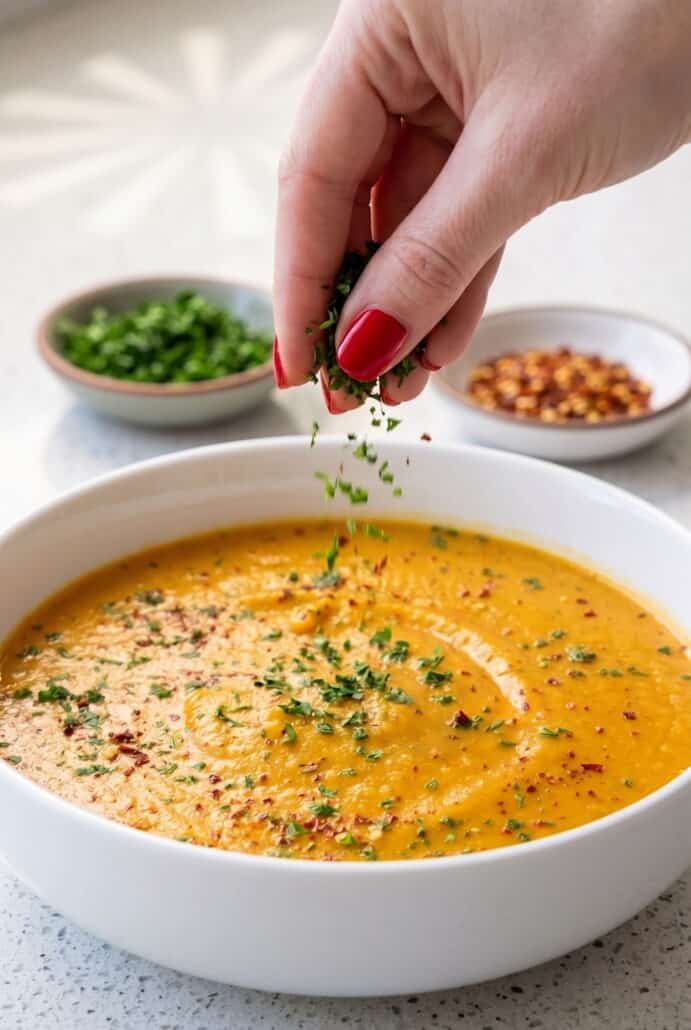 Butternut squash soup topped with fresh parsley for a colorful finishing garnish.