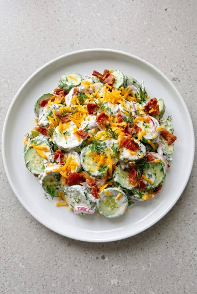 Cucumber ranch crack salad served with bacon, cheddar, and fresh dill.