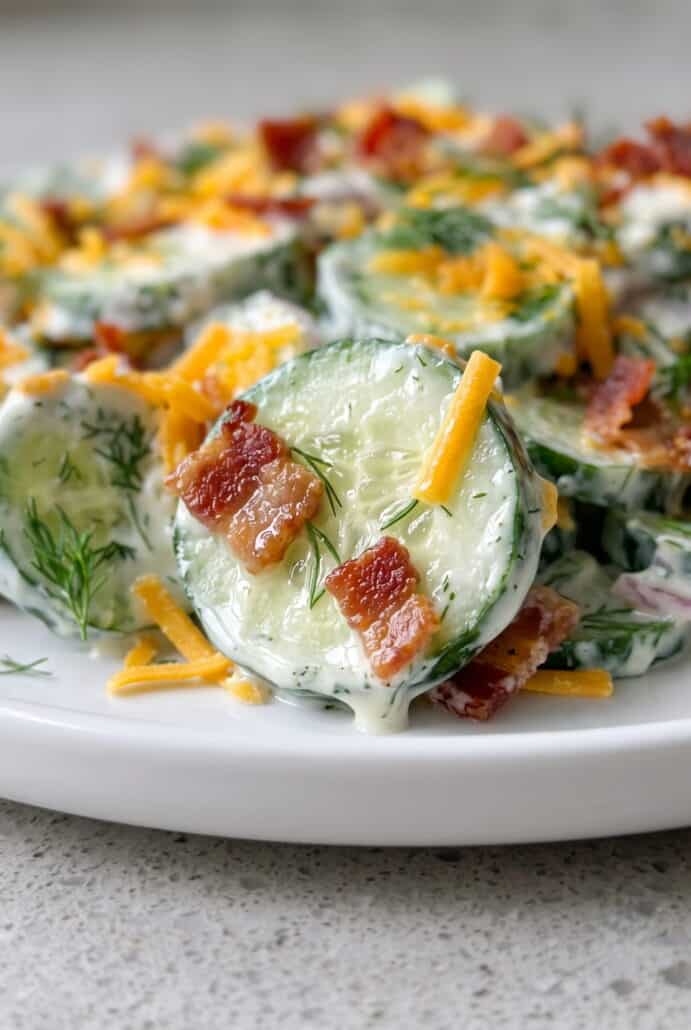 Close-up of creamy cucumber ranch crack salad with bacon, cheddar, and dill.