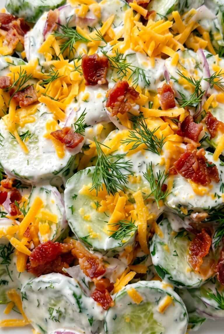 Creamy cucumber ranch crack salad topped with cheddar, bacon, and fresh dill.