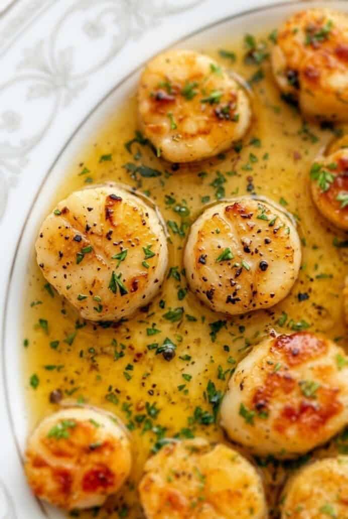 Garlic butter scallops with a golden sear, coated in lemon garlic butter sauce and sprinkled with fresh parsley.